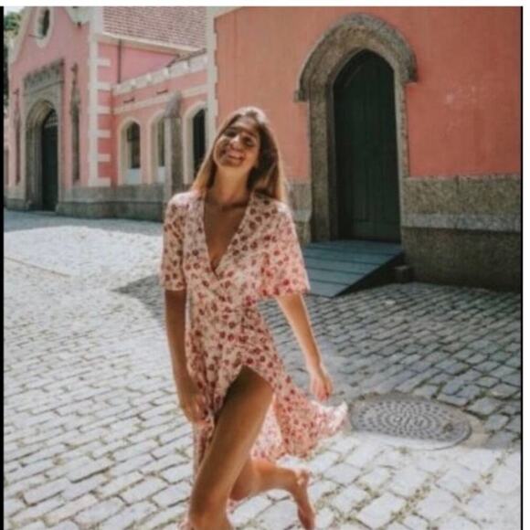 Faithful The Brand x Anthropologie Rivera Pink Floral Midi Wrap Dress Women's 2 - Picture 3 of 13